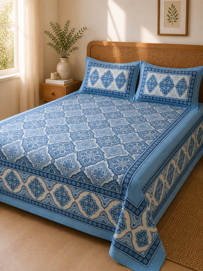CROFF Premium Cotton King Size Bedsheet with 2 Pillow Covers (90 x 108 inches) | Blue Geometric Floral Print