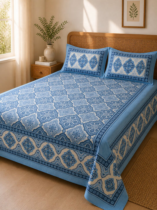 CROFF Premium Cotton King Size Bedsheet with 2 Pillow Covers (90 x 108 inches) | Blue Geometric Floral Print