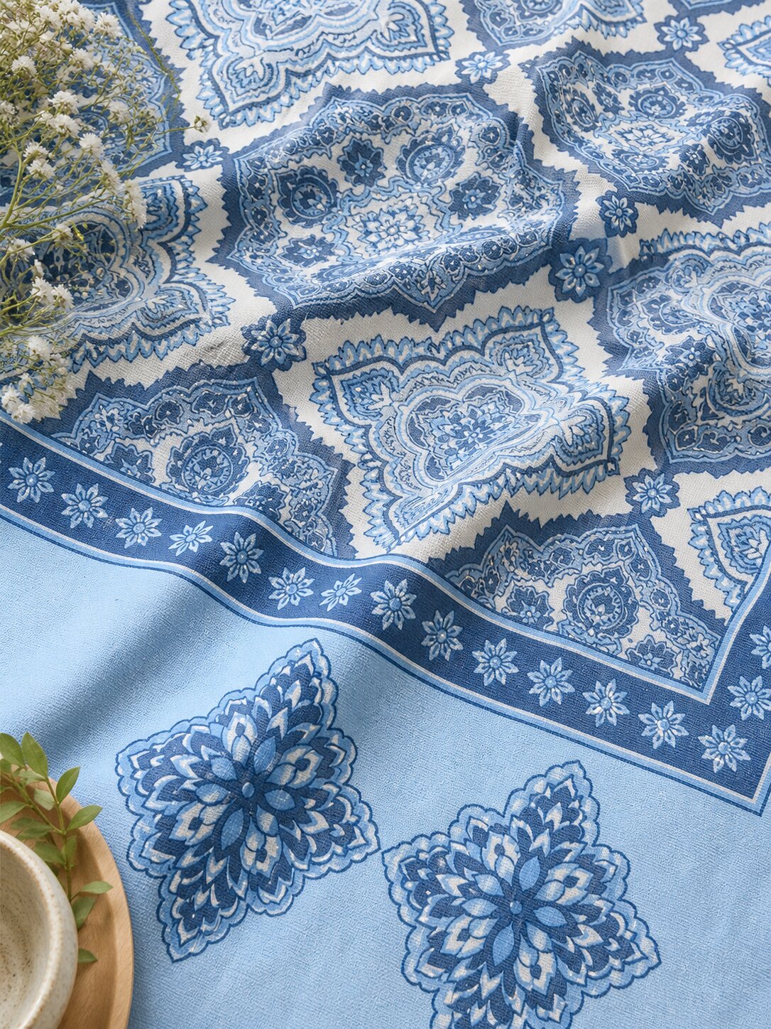 CROFF Premium Cotton King Size Bedsheet with 2 Pillow Covers (90 x 108 inches) | Blue Geometric Floral Print