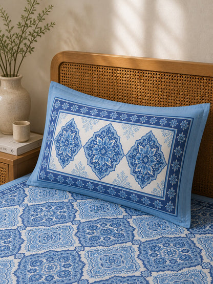 CROFF Premium Cotton King Size Bedsheet with 2 Pillow Covers (90 x 108 inches) | Blue Geometric Floral Print