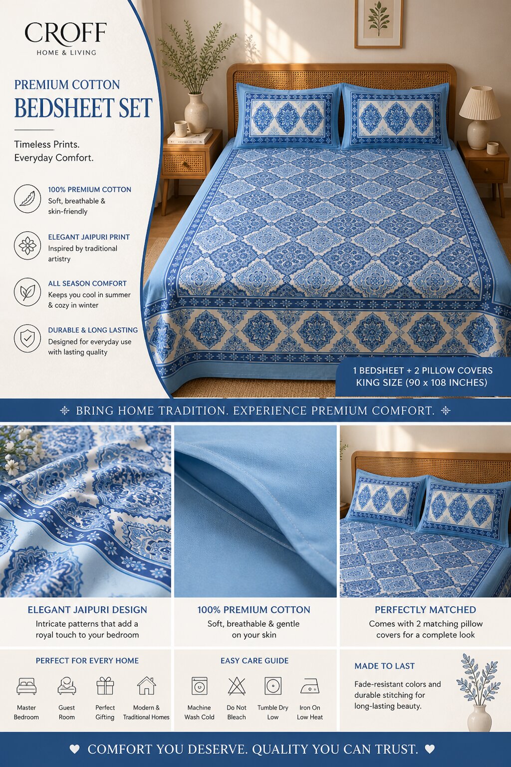 CROFF Premium Cotton King Size Bedsheet with 2 Pillow Covers (90 x 108 inches) | Blue Geometric Floral Print