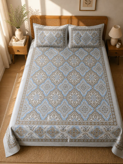 CROFF Premium Cotton King Size Bedsheet with 2 Pillow Covers – Blue Beige Jaipuri Print (90 x 108 inches)