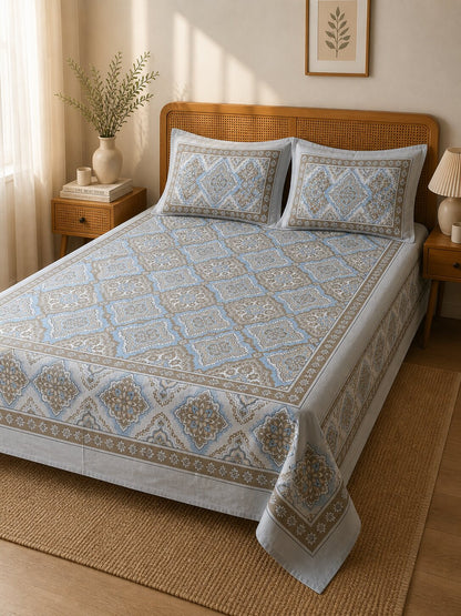 CROFF Premium Cotton King Size Bedsheet with 2 Pillow Covers – Blue Beige Jaipuri Print (90 x 108 inches)