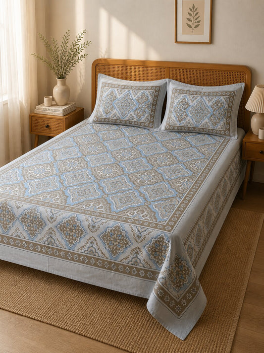 CROFF Premium Cotton King Size Bedsheet with 2 Pillow Covers – Blue Beige Jaipuri Print (90 x 108 inches)