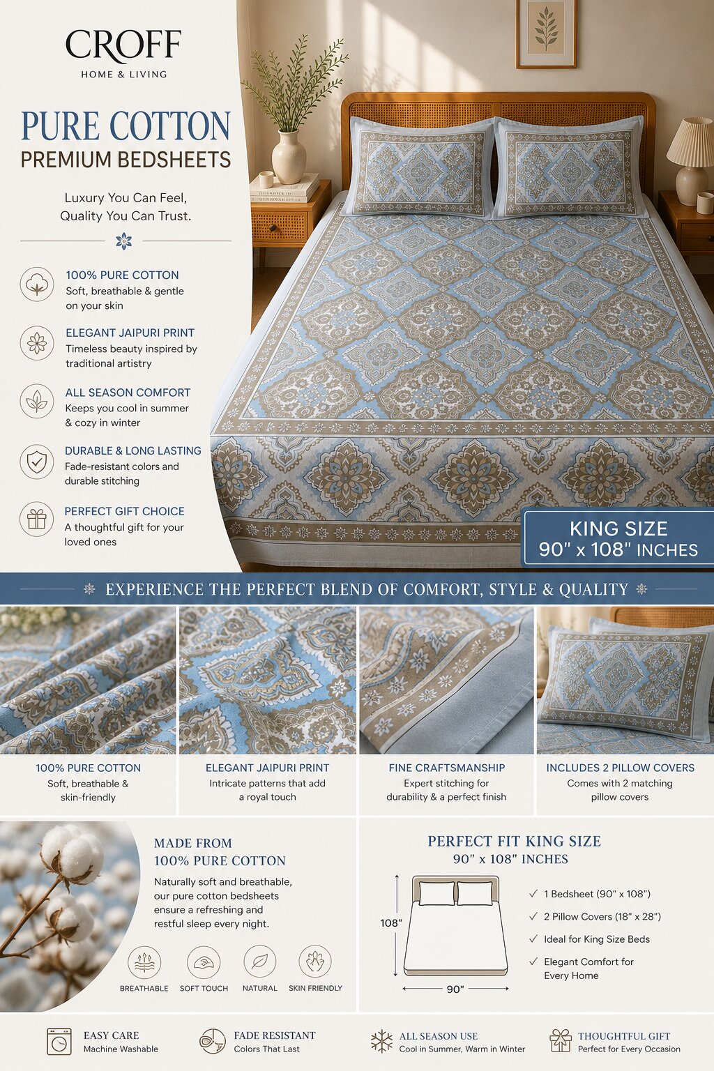 CROFF Premium Cotton King Size Bedsheet with 2 Pillow Covers – Blue Beige Jaipuri Print (90 x 108 inches)