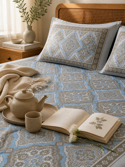 CROFF Premium Cotton King Size Bedsheet with 2 Pillow Covers – Blue Beige Jaipuri Print (90 x 108 inches)