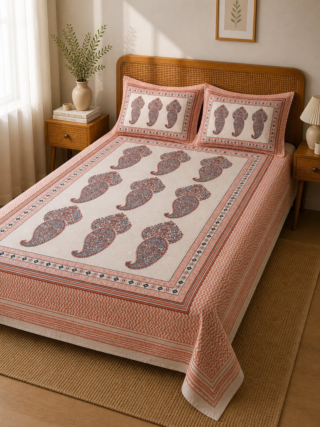 CROFF Premium Cotton King Size Bedsheet with 2 Pillow Covers – Rust Orange Paisley Jaipuri Print (90 x 108 inches)
