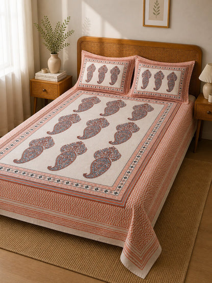 CROFF Premium Cotton King Size Bedsheet with 2 Pillow Covers – Rust Orange Paisley Jaipuri Print (90 x 108 inches)