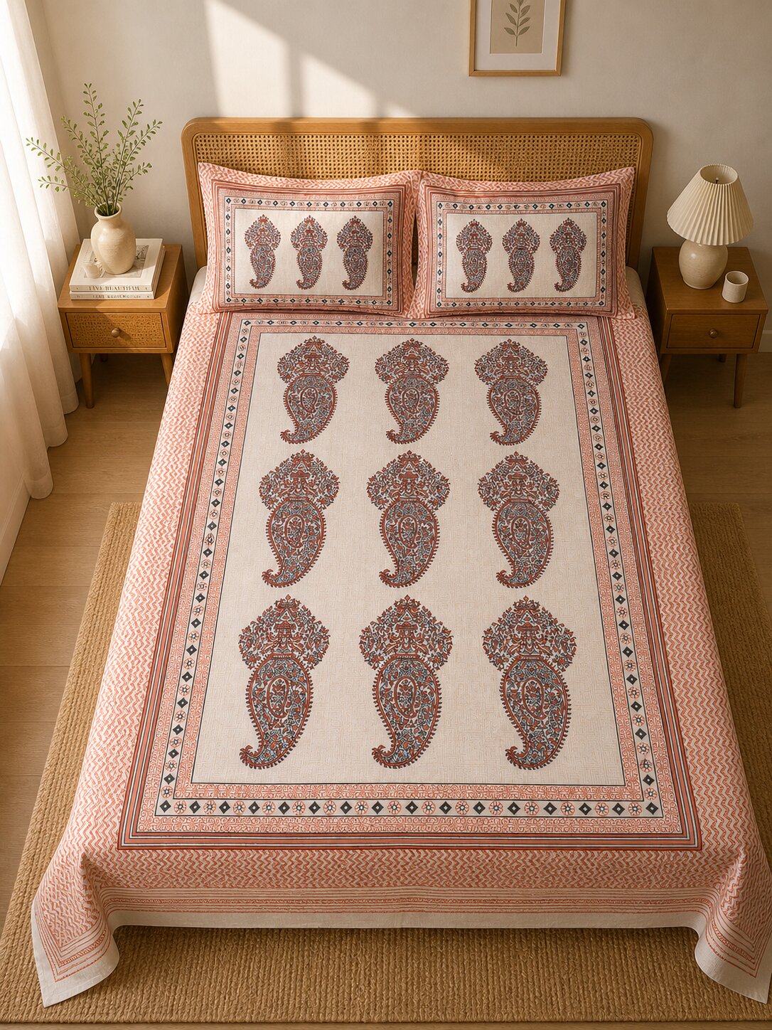 CROFF Premium Cotton King Size Bedsheet with 2 Pillow Covers – Rust Orange Paisley Jaipuri Print (90 x 108 inches)