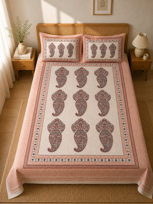 CROFF Premium Cotton King Size Bedsheet with 2 Pillow Covers – Rust Orange Paisley Jaipuri Print (90 x 108 inches)
