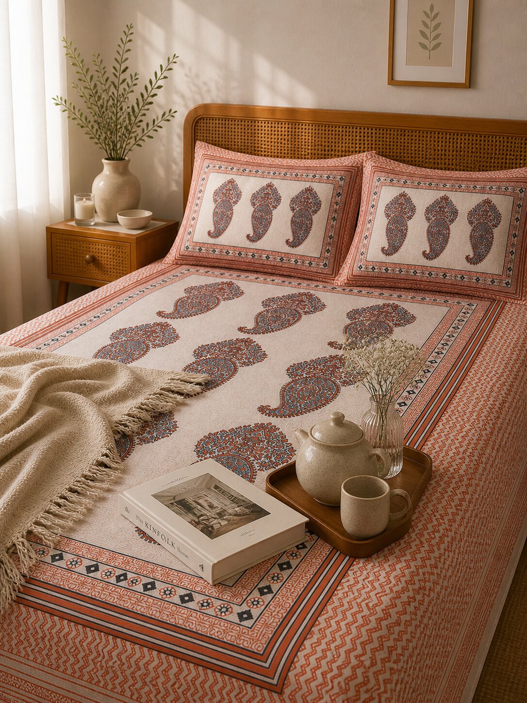 CROFF Premium Cotton King Size Bedsheet with 2 Pillow Covers – Rust Orange Paisley Jaipuri Print (90 x 108 inches)