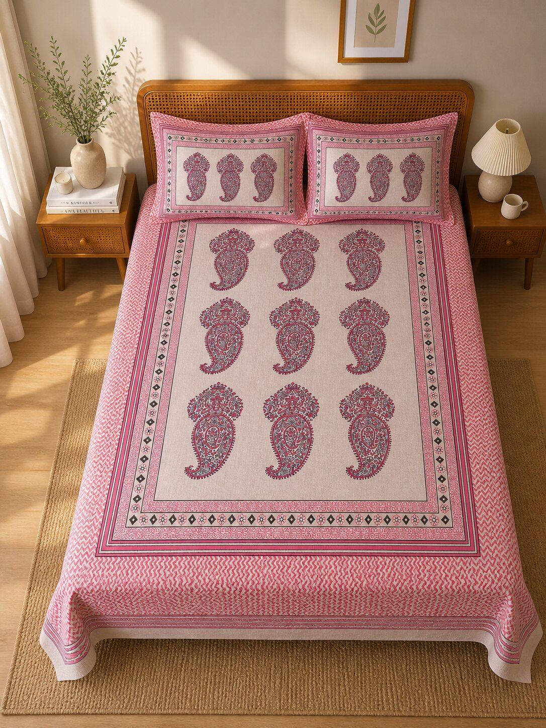 CROFF Premium Pure Cotton King Size Bedsheet with 2 Pillow Covers – Pink Paisley Jaipuri Print (90 x 108 inches)