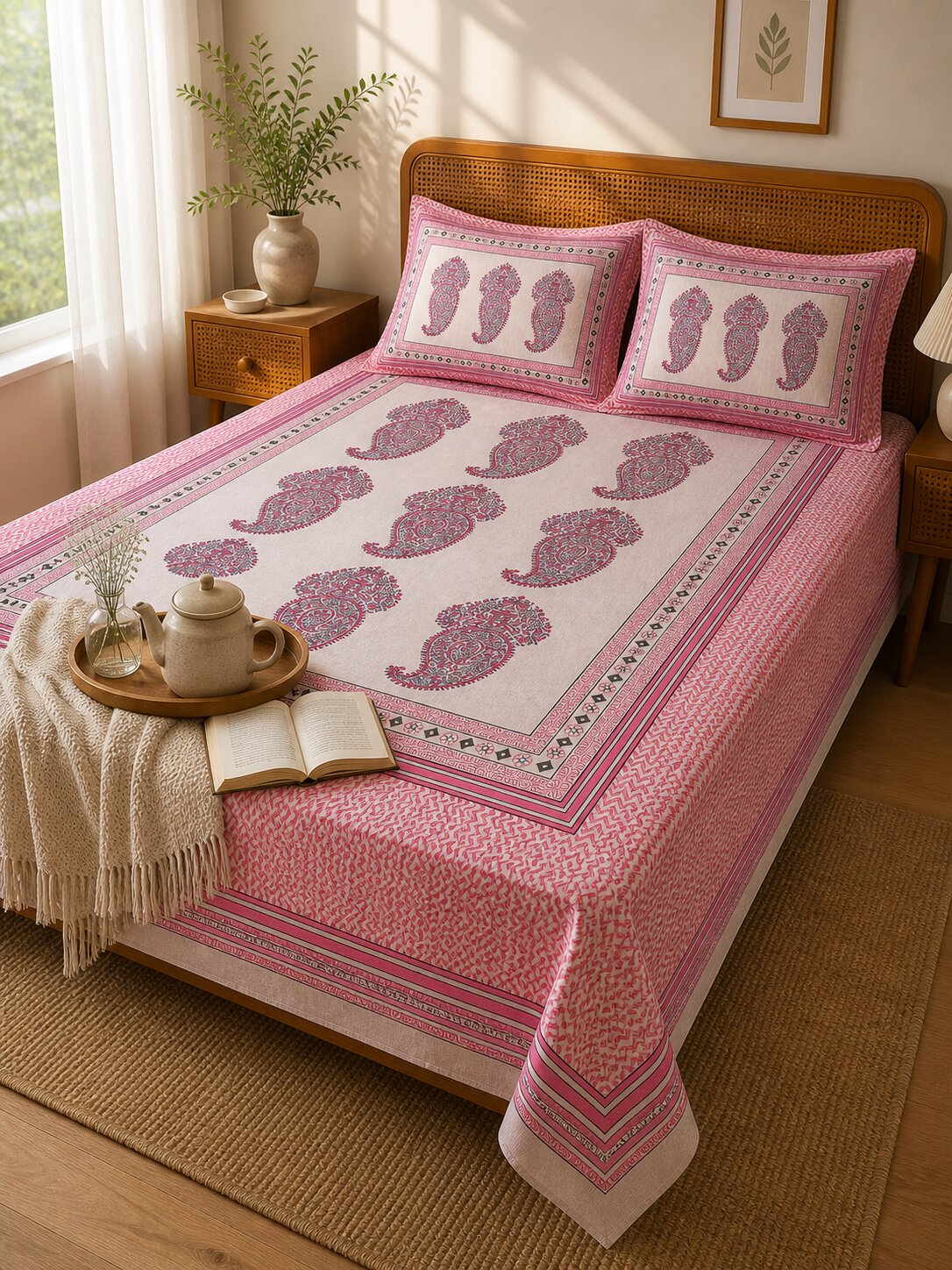 CROFF Premium Pure Cotton King Size Bedsheet with 2 Pillow Covers – Pink Paisley Jaipuri Print (90 x 108 inches)