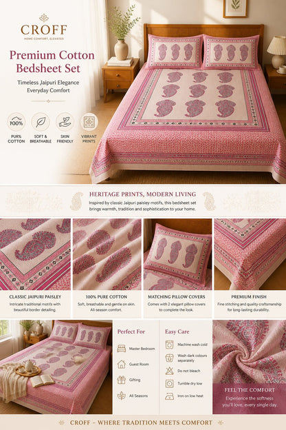 CROFF Premium Pure Cotton King Size Bedsheet with 2 Pillow Covers – Pink Paisley Jaipuri Print (90 x 108 inches)