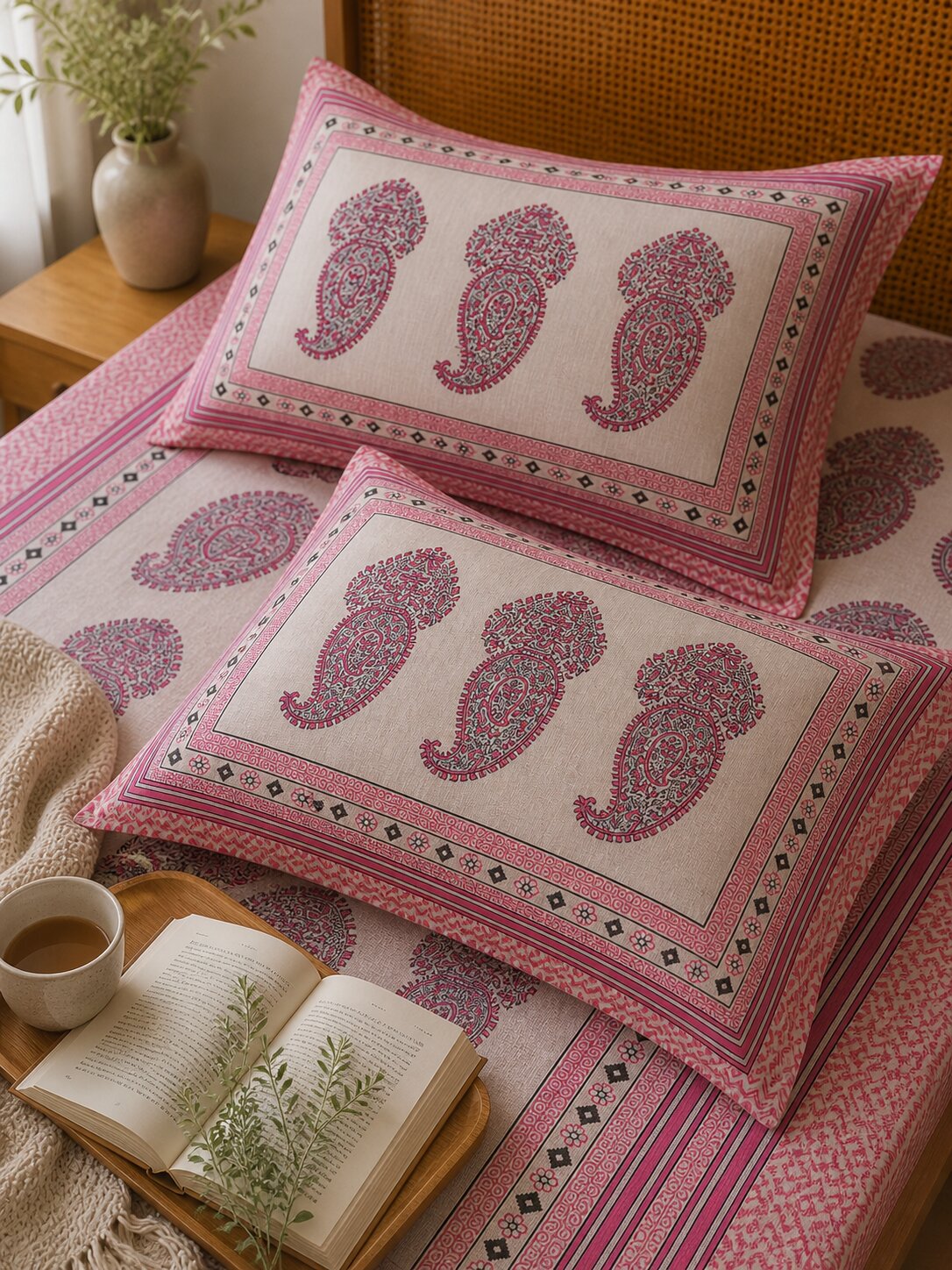 CROFF Premium Pure Cotton King Size Bedsheet with 2 Pillow Covers – Pink Paisley Jaipuri Print (90 x 108 inches)