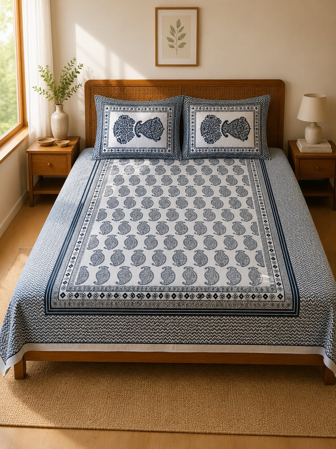 CROFF Premium Cotton King Size Bedsheet Set – Navy Paisley Elegance