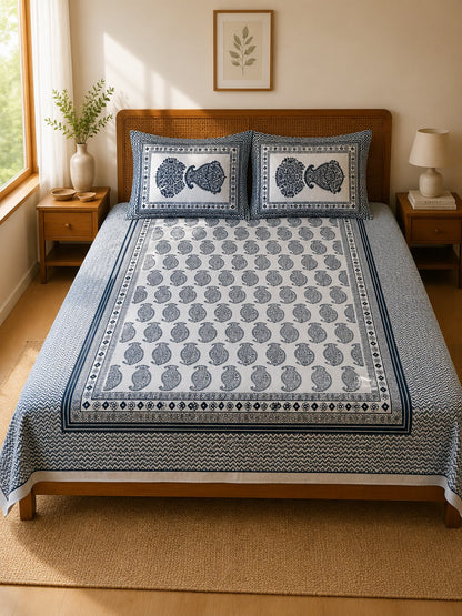 CROFF Premium Cotton King Size Bedsheet Set – Navy Paisley Elegance