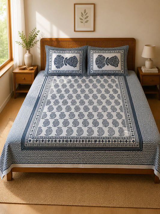 CROFF Premium Cotton King Size Bedsheet Set – Navy Paisley Elegance