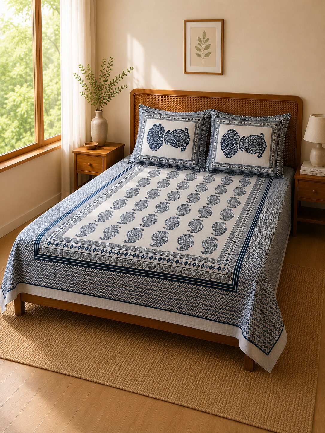 CROFF Premium Cotton King Size Bedsheet Set – Navy Paisley Elegance