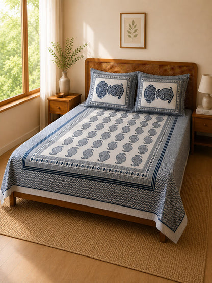 CROFF Premium Cotton King Size Bedsheet Set – Navy Paisley Elegance