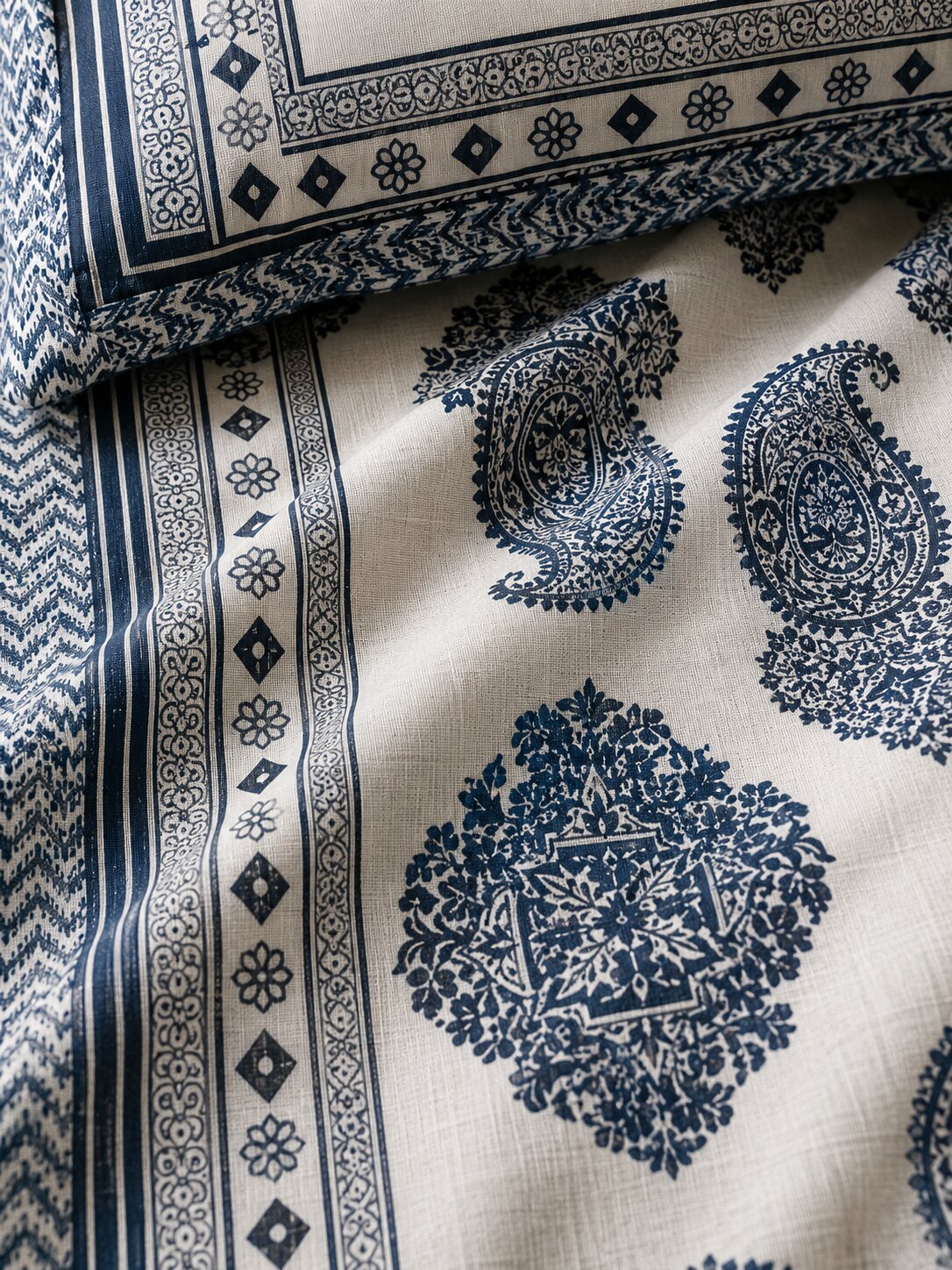 CROFF Premium Cotton King Size Bedsheet Set – Navy Paisley Elegance
