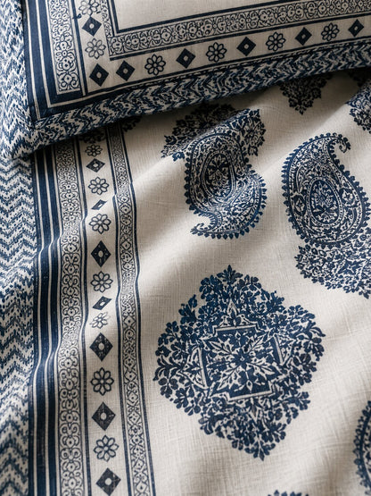 CROFF Premium Cotton King Size Bedsheet Set – Navy Paisley Elegance