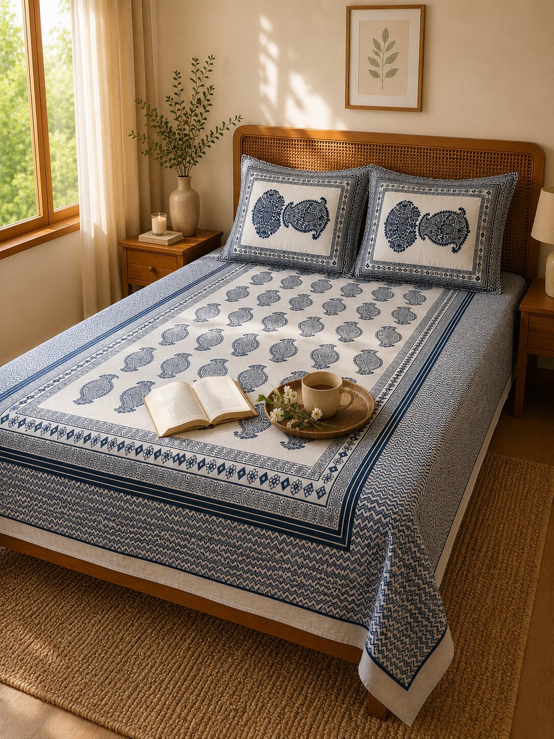 CROFF Premium Cotton King Size Bedsheet Set – Navy Paisley Elegance