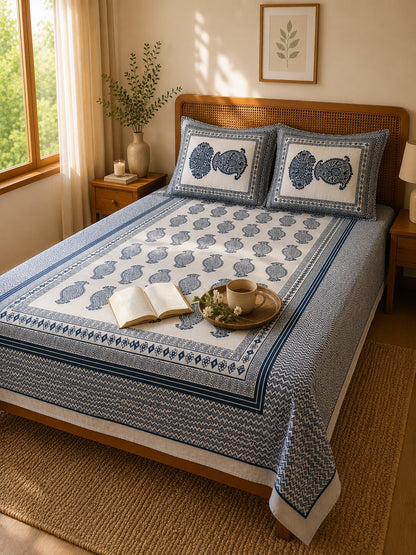 CROFF Premium Cotton King Size Bedsheet Set – Navy Paisley Elegance