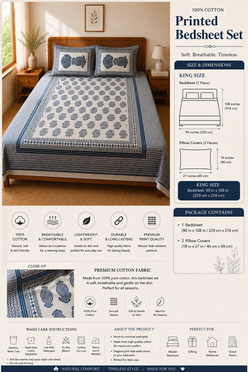 CROFF Premium Cotton King Size Bedsheet Set – Navy Paisley Elegance