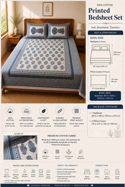 CROFF Premium Cotton King Size Bedsheet Set – Navy Paisley Elegance