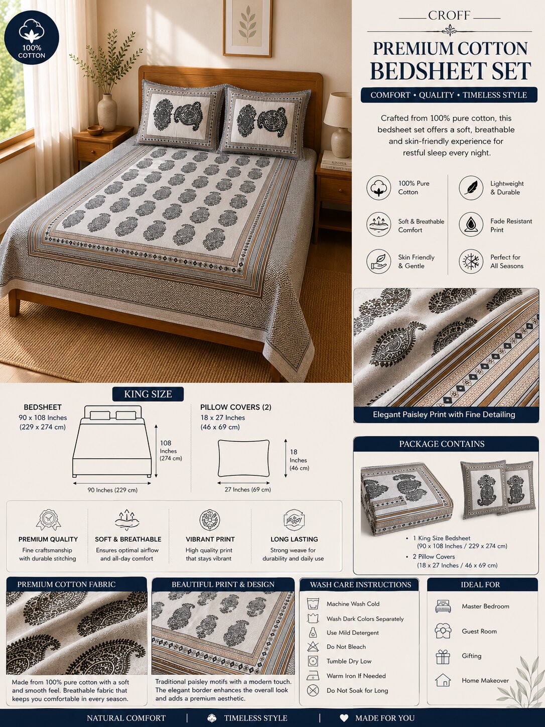 CROFF Premium Cotton King Size Bedsheet Set with 2 Pillow Covers