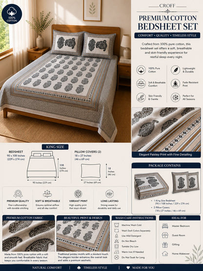 CROFF Premium Cotton King Size Bedsheet Set with 2 Pillow Covers