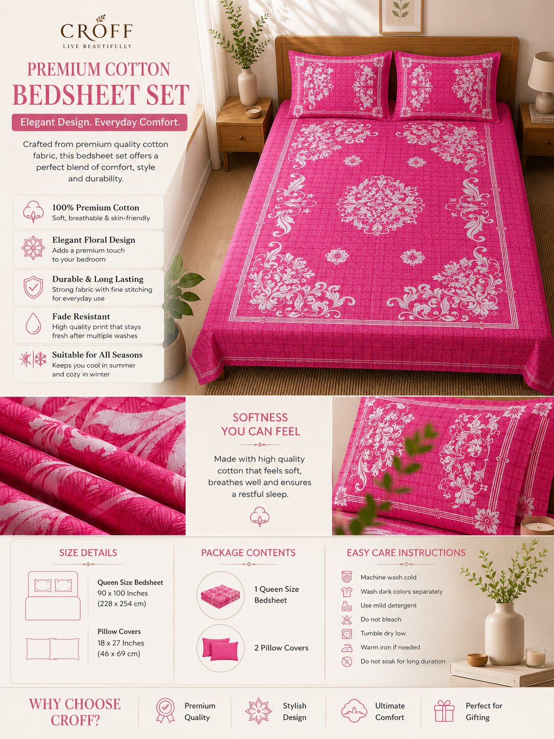 CROFF Premium Cotton Queen Size Bedsheet Set with 2 Pillow Covers