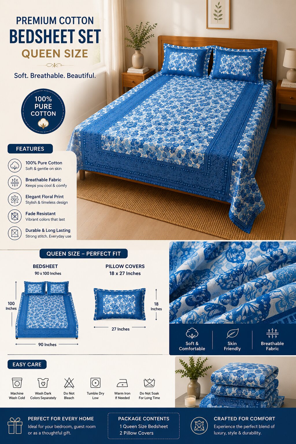 CROFF Premium Cotton Queen Size Bedsheet Set with 2 Pillow Covers