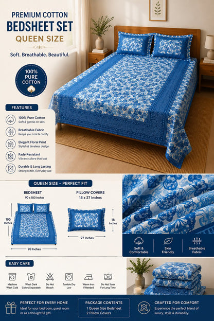 CROFF Premium Cotton Queen Size Bedsheet Set with 2 Pillow Covers