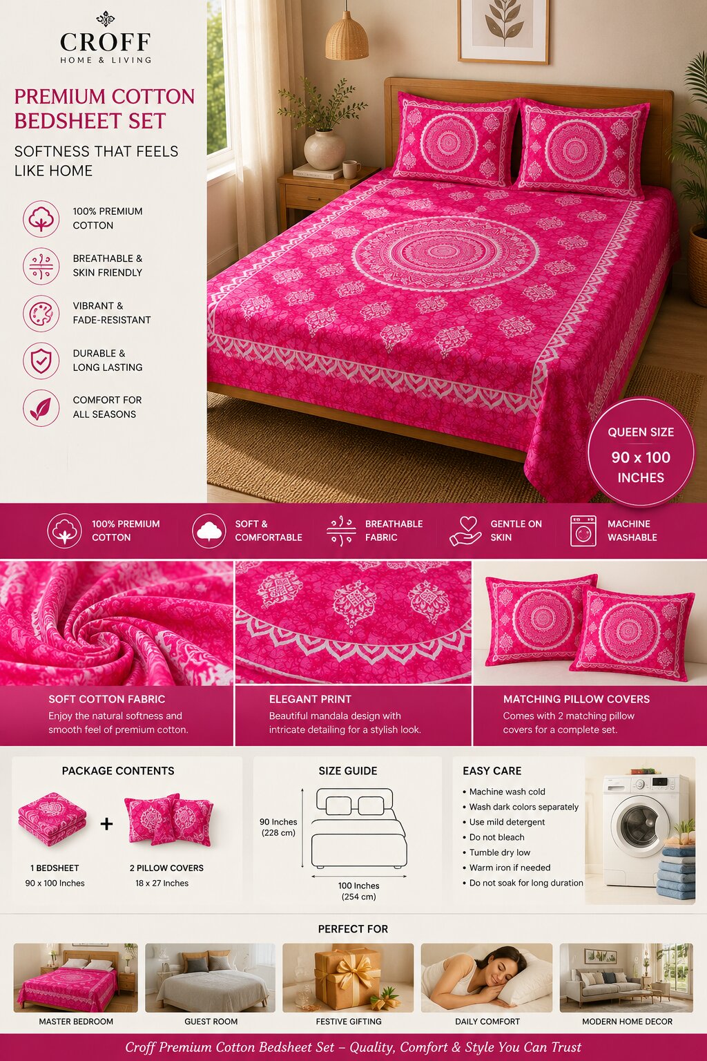 CROFF Premium Cotton Queen Size Bedsheet Set with 2 Pillow Covers