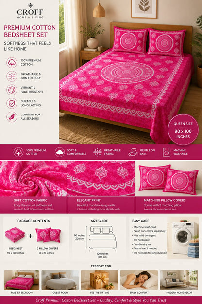 CROFF Premium Cotton Queen Size Bedsheet Set with 2 Pillow Covers