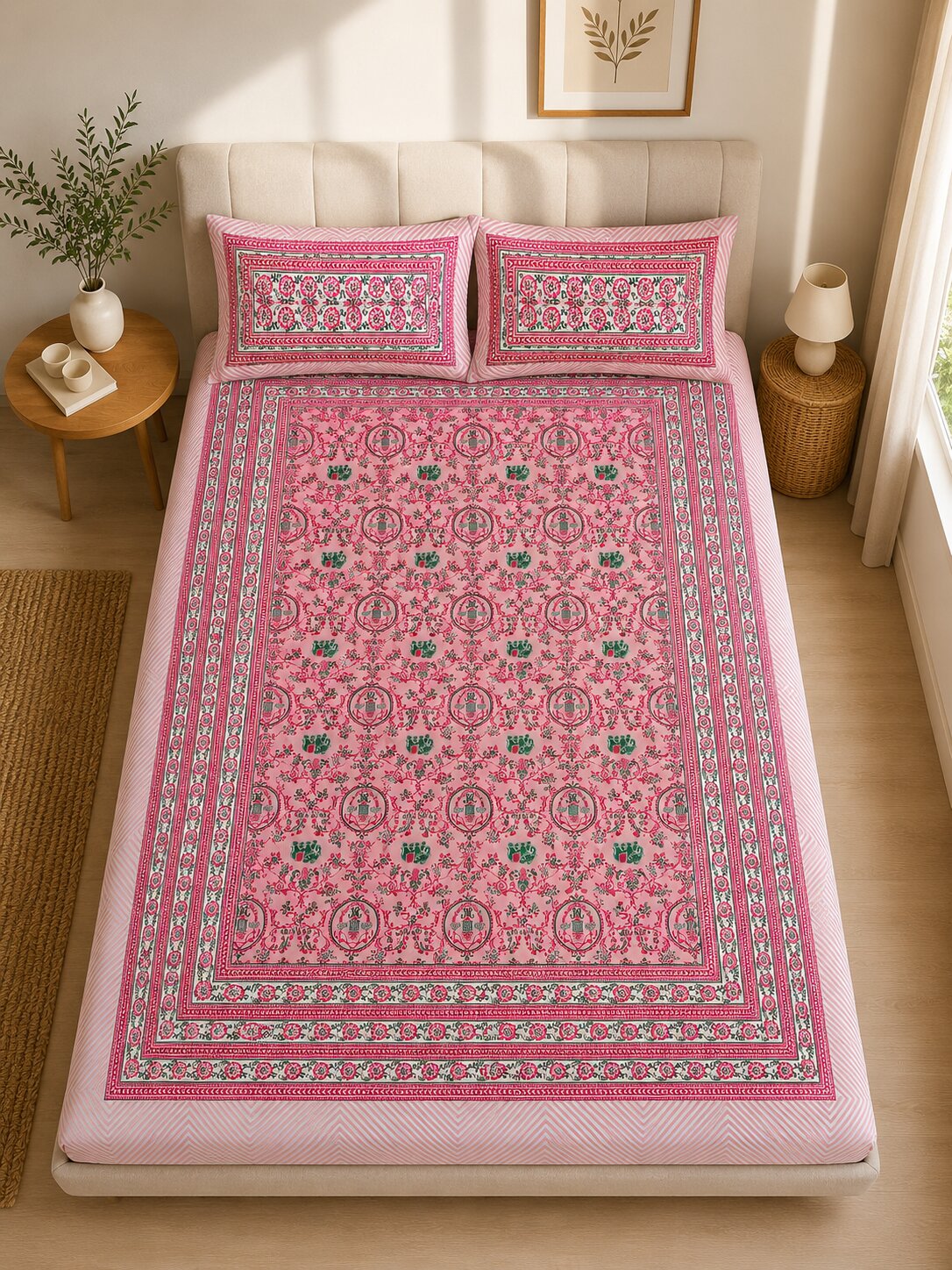 CROFF 100% Pure Cotton King Size Jaipuri Printed Bedsheet with 2 Pillow Covers | Soft & Breathable | 93 × 108 Inches