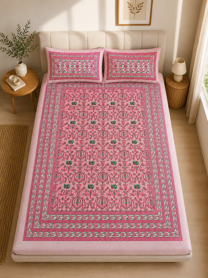 CROFF 100% Pure Cotton King Size Jaipuri Printed Bedsheet with 2 Pillow Covers | Soft & Breathable | 93 × 108 Inches