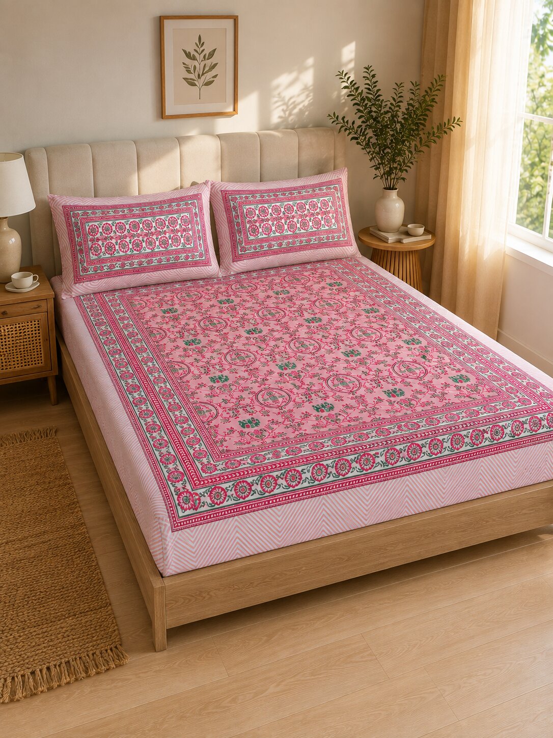 CROFF 100% Pure Cotton King Size Jaipuri Printed Bedsheet with 2 Pillow Covers | Soft & Breathable | 93 × 108 Inches