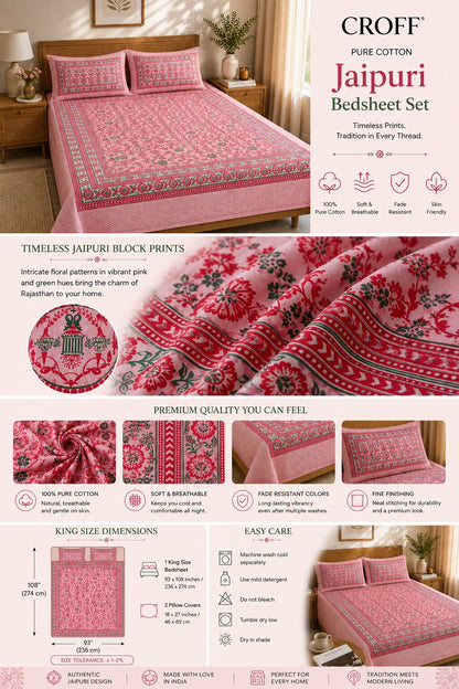 CROFF 100% Pure Cotton King Size Jaipuri Printed Bedsheet with 2 Pillow Covers | Soft & Breathable | 93 × 108 Inches