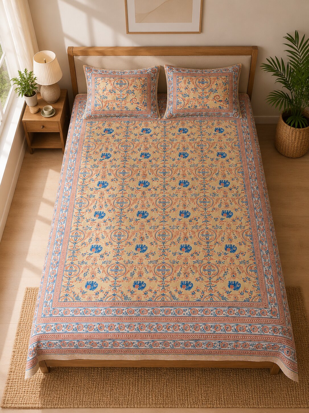 CROFF 100% Pure Cotton King Size Jaipuri Printed Bedsheet with 2 Pillow Covers | Soft & Breathable | 93 × 108 Inches | Beige & Blue Floral