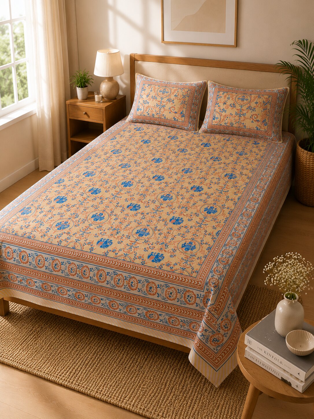 CROFF 100% Pure Cotton King Size Jaipuri Printed Bedsheet with 2 Pillow Covers | Soft & Breathable | 93 × 108 Inches | Beige & Blue Floral