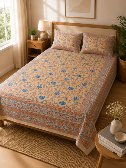 CROFF 100% Pure Cotton King Size Jaipuri Printed Bedsheet with 2 Pillow Covers | Soft & Breathable | 93 × 108 Inches | Beige & Blue Floral