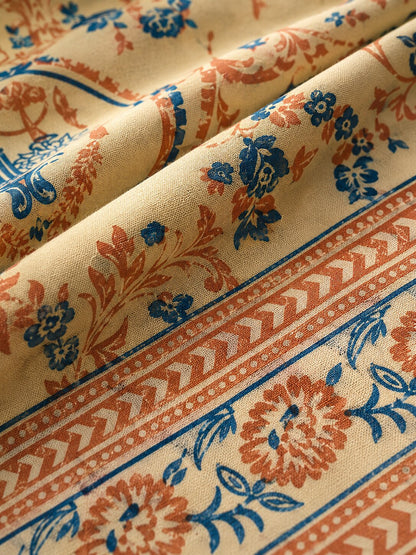 CROFF 100% Pure Cotton King Size Jaipuri Printed Bedsheet with 2 Pillow Covers | Soft & Breathable | 93 × 108 Inches | Beige & Blue Floral