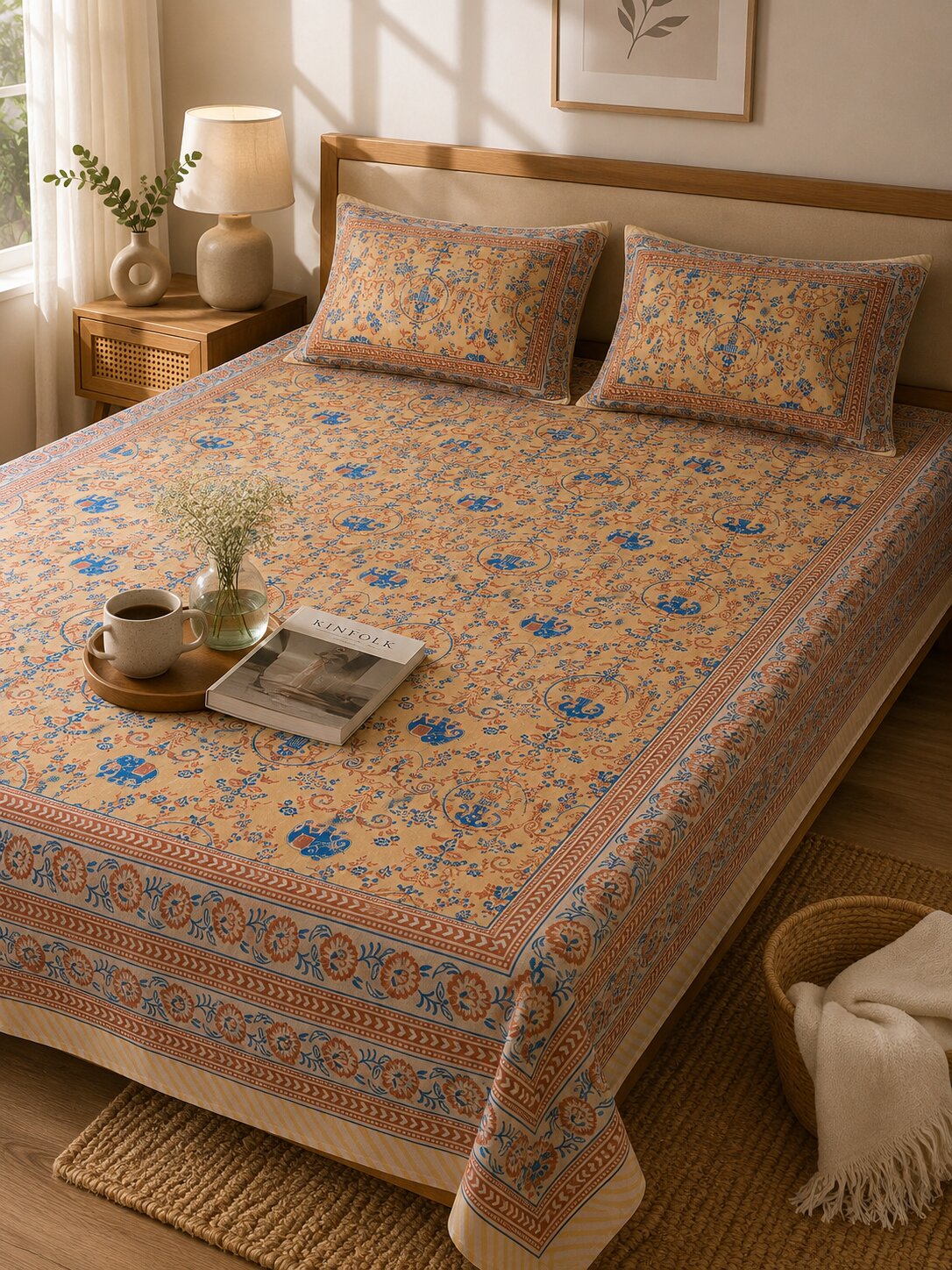 CROFF 100% Pure Cotton King Size Jaipuri Printed Bedsheet with 2 Pillow Covers | Soft & Breathable | 93 × 108 Inches | Beige & Blue Floral
