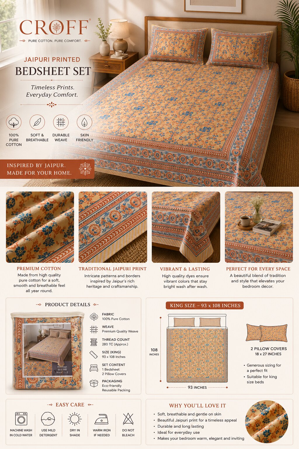 CROFF 100% Pure Cotton King Size Jaipuri Printed Bedsheet with 2 Pillow Covers | Soft & Breathable | 93 × 108 Inches | Beige & Blue Floral