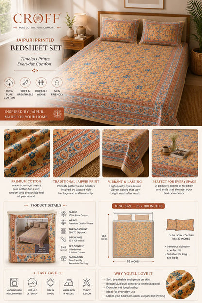 CROFF 100% Pure Cotton King Size Jaipuri Printed Bedsheet with 2 Pillow Covers | Soft & Breathable | 93 × 108 Inches | Beige & Blue Floral