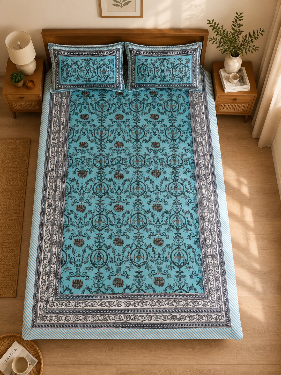 CROFF 100% Pure Cotton King Size Jaipuri Printed Bedsheet with 2 Pillow Covers | Soft & Breathable | 93 × 108 Inches | Aqua Blue & Charcoal Floral