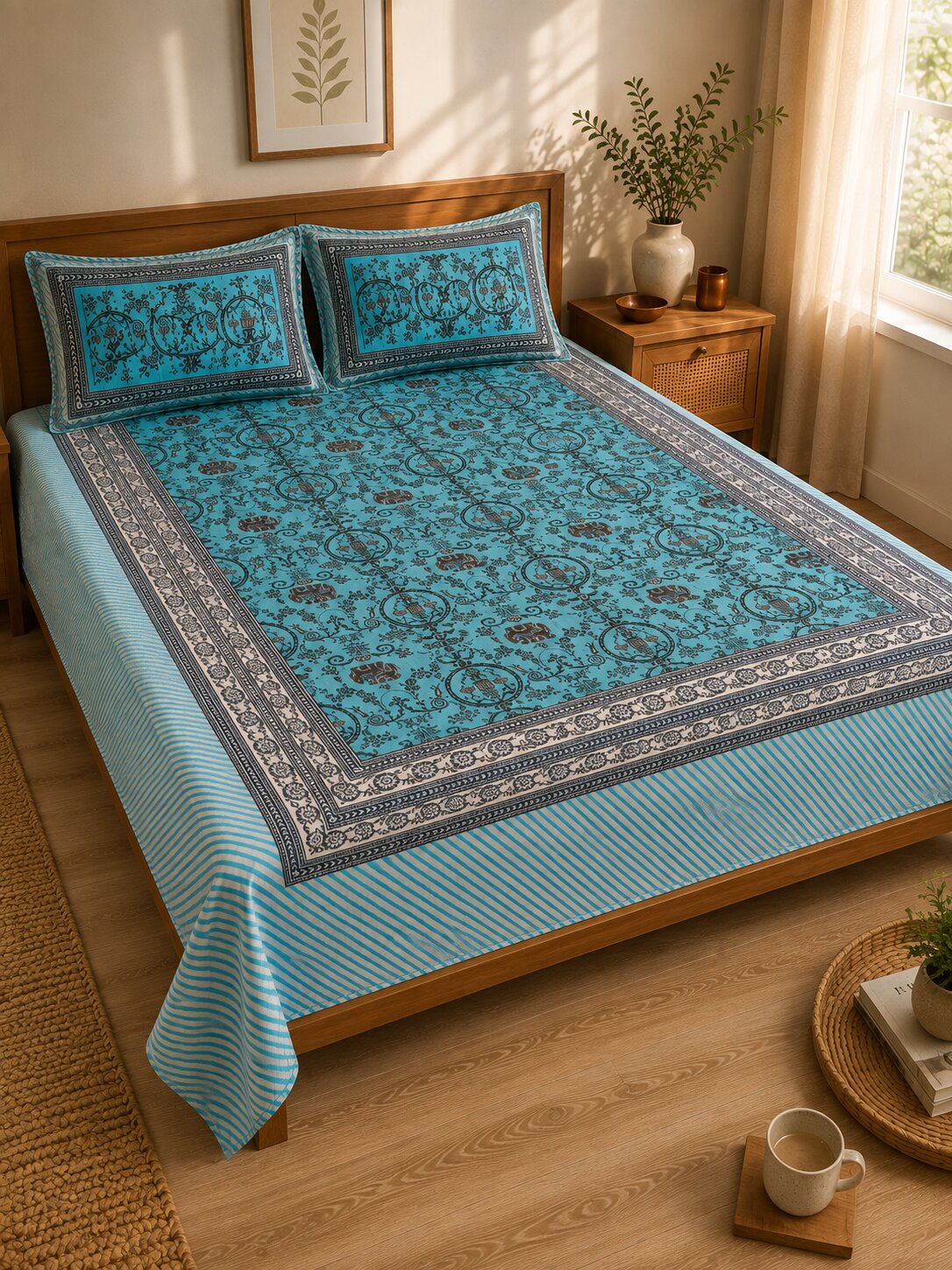 CROFF 100% Pure Cotton King Size Jaipuri Printed Bedsheet with 2 Pillow Covers | Soft & Breathable | 93 × 108 Inches | Aqua Blue & Charcoal Floral